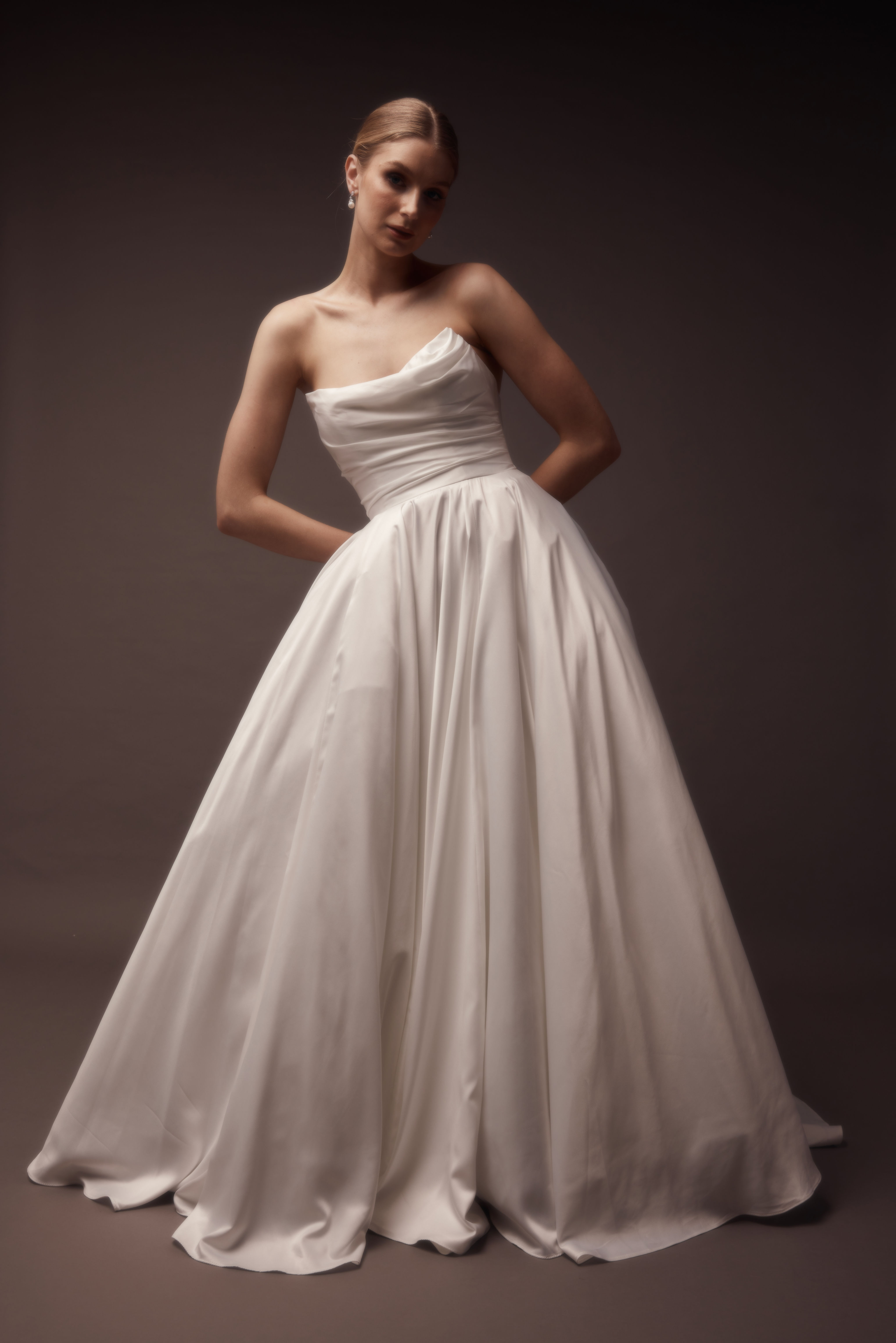 Luna by Jack Sullivan Bridal — soft satin strapless wedding gown with ruched bodice and lightweight full skirt with petticoat