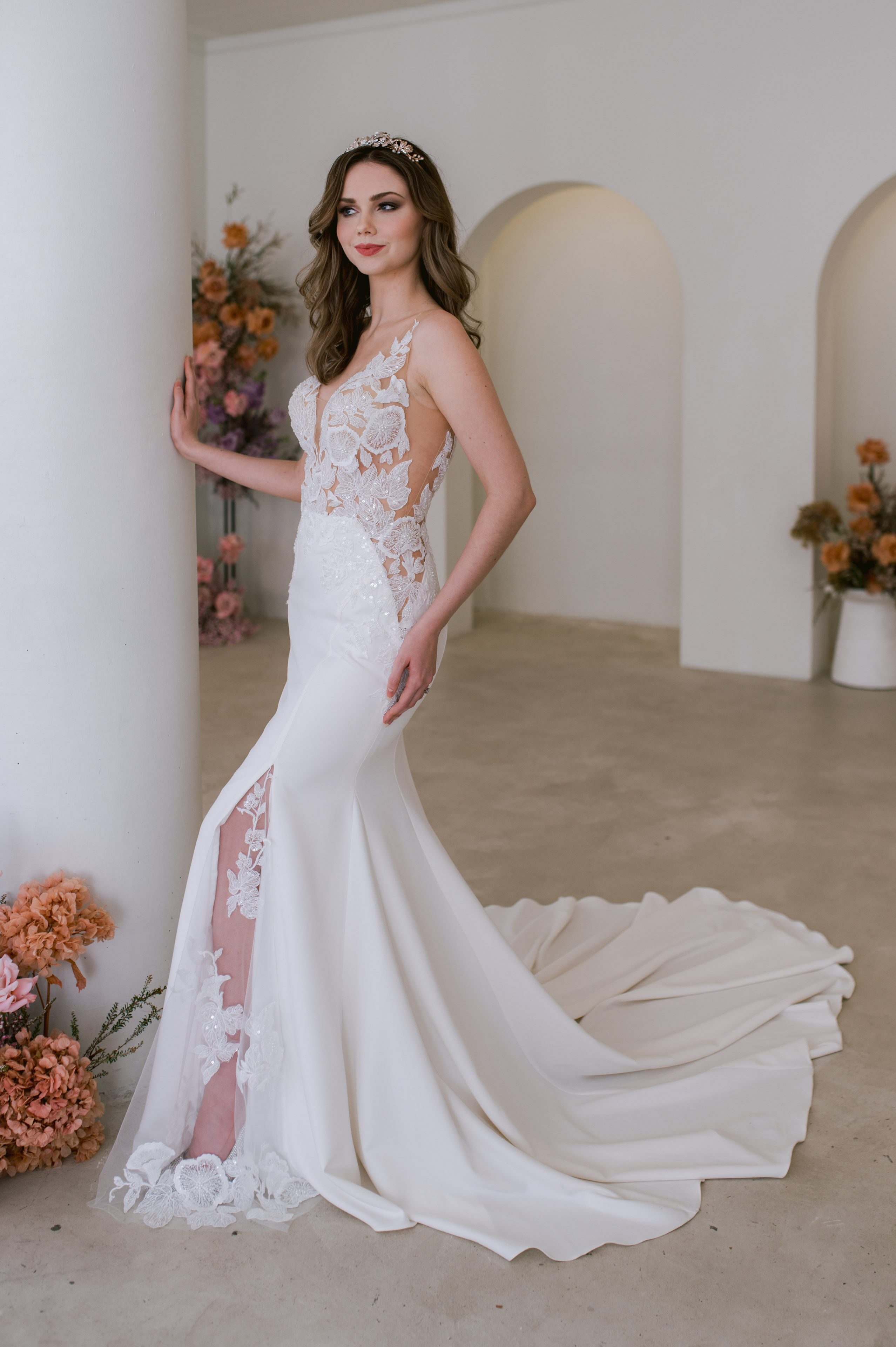 'take me away' J168 by Jean Fox, fitted crepe gown with plunging V-neckline, beaded lace motifs, and illusion straps, front v