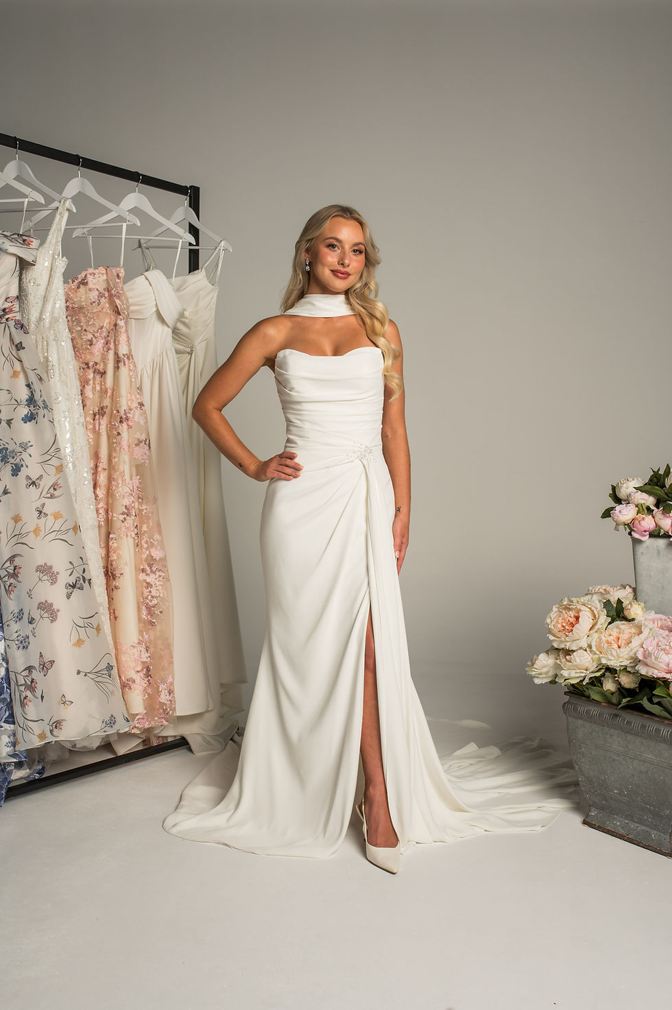 Thumbnail: Grace PF507 fitted wedding gown with pearl waist detail, draping and leg split with scarf