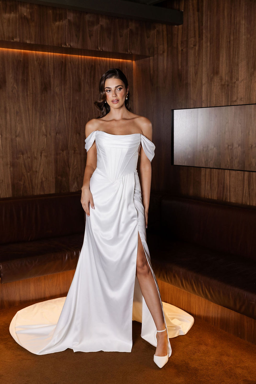 Front view: ‘robbie’ EM0361 by Jack Sullivan fitted gown with off-the-shoulder scoop neckline, pleated bodice, basque waist