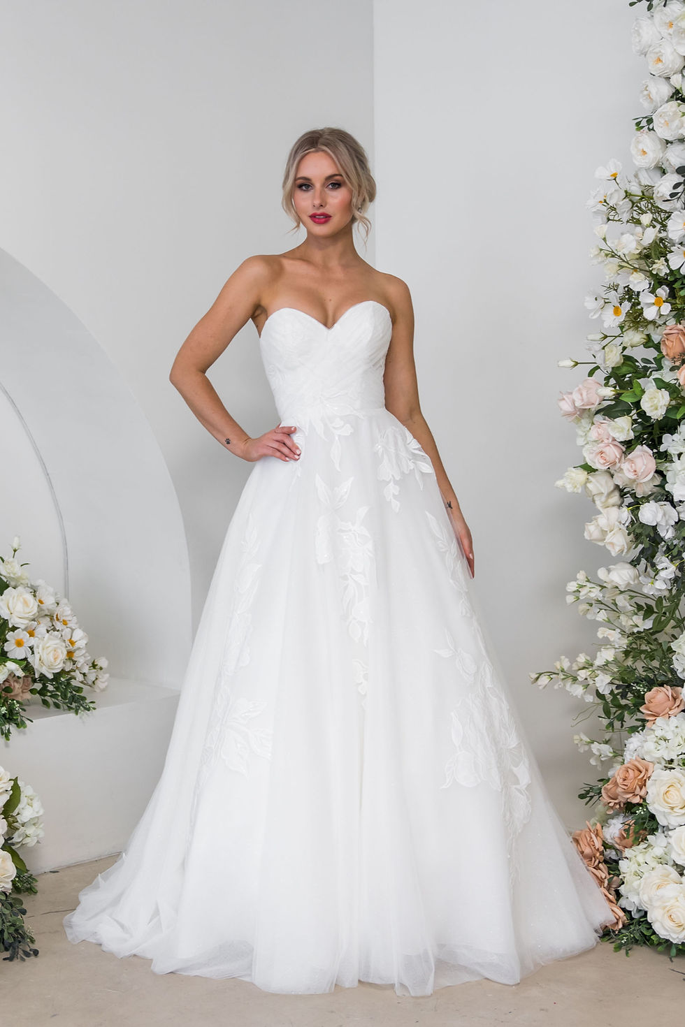 Wonderful World by Purple Fox – strapless tulle ballgown with sweetheart neckline, lace motifs, and lace statement train