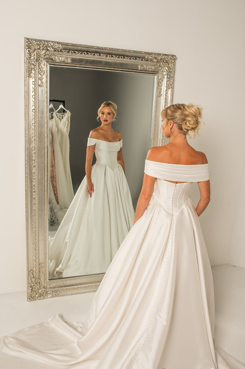 ‘state of grace’ J218 by Jean Fox mikado ball gown with scoop neckline, pleated bodice, and basque waist