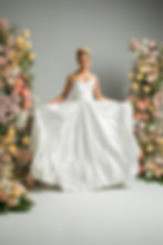 'Silver Lining' J198 by Jean Fox, satin ball gown with scoop strapless neckline and pleated bodice, front view