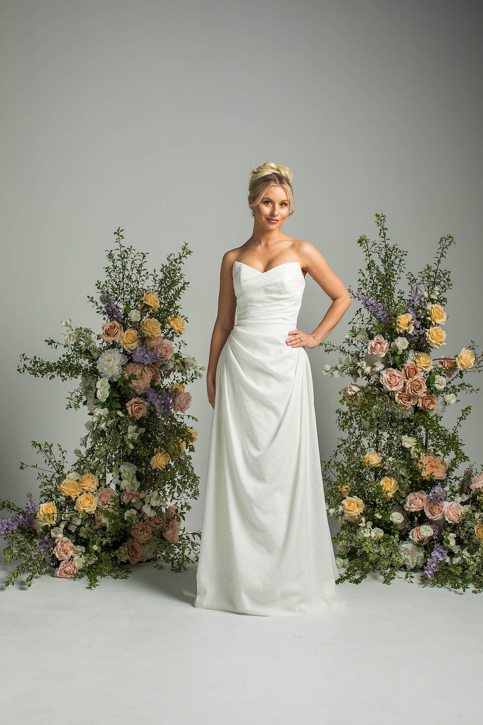 'destiny' PF502 by Purple Fox, embossed satin gown with sweetheart neckline and cross-pleated bodice, front view