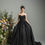 Thumbnail: 'night boat' PF487 by Purple Fox, black A-line ball gown with pleated tulle bodice and beaded lace, front view