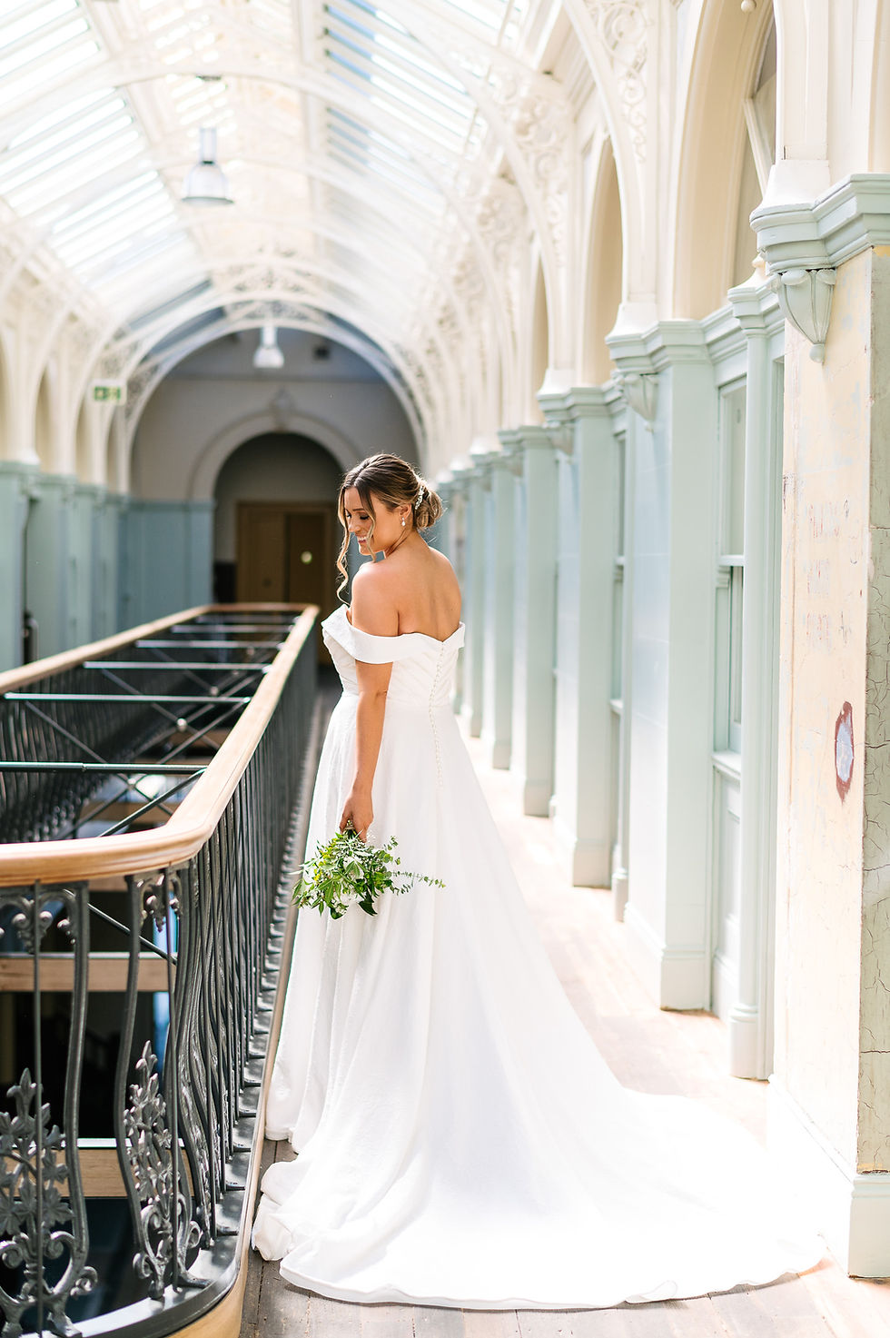 Solstice PF363 Purple Fox off-the-shoulder embossed A-line gown with pleated bodice, pearl-button zip, long train and pockets