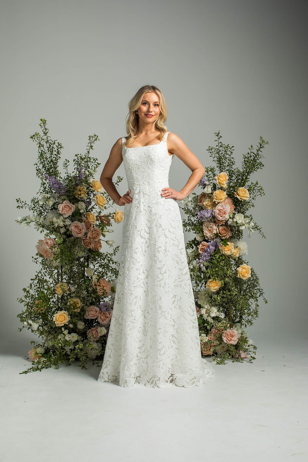 Thumbnail: 'hold back the rain' P480 by Purple Fox, slim A-line gown with square neckline and all-over lace, front view