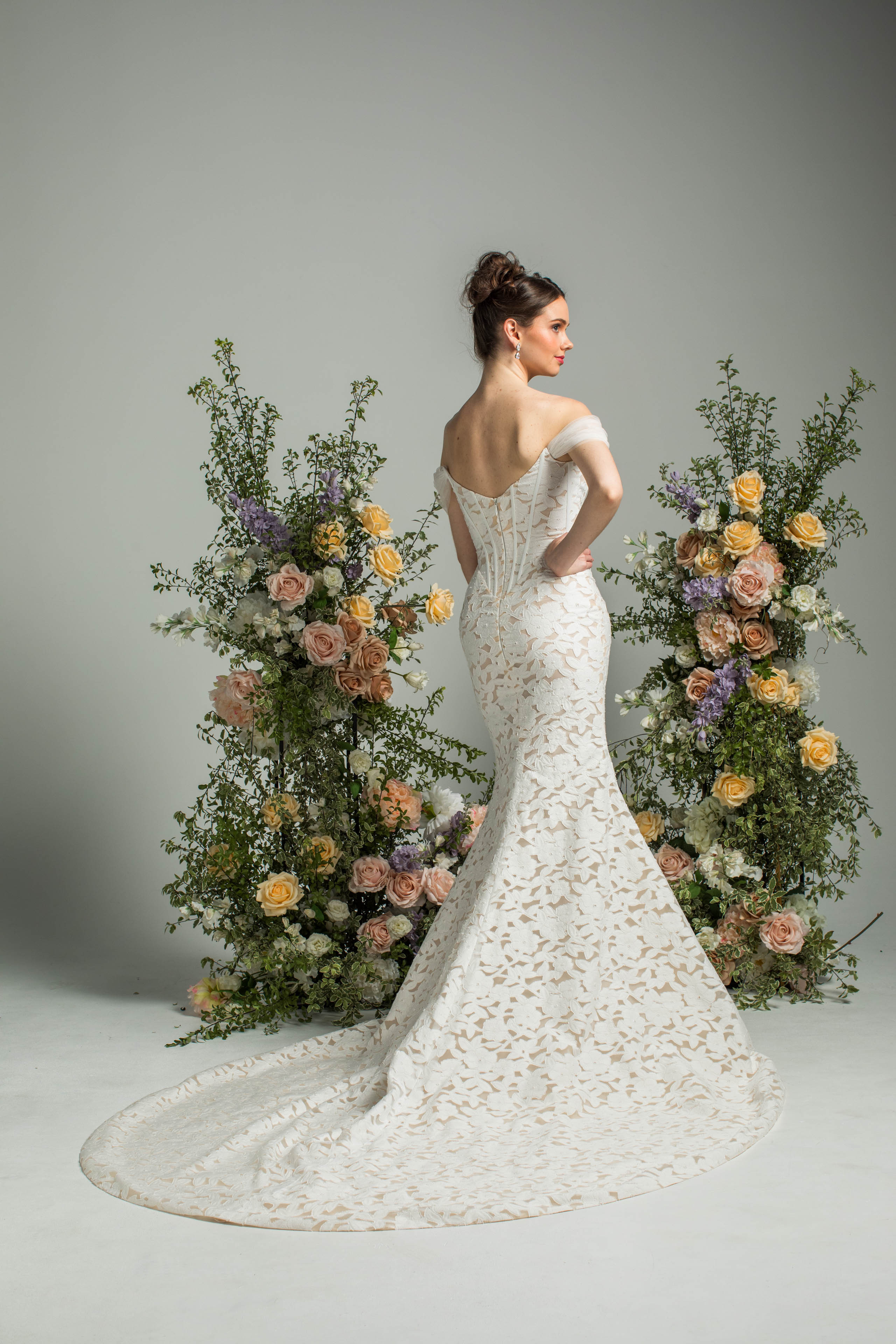 'heart of the night' J231 by Jean Fox, laser-cut organza lace gown with fitted skirt and structured bodice, front view