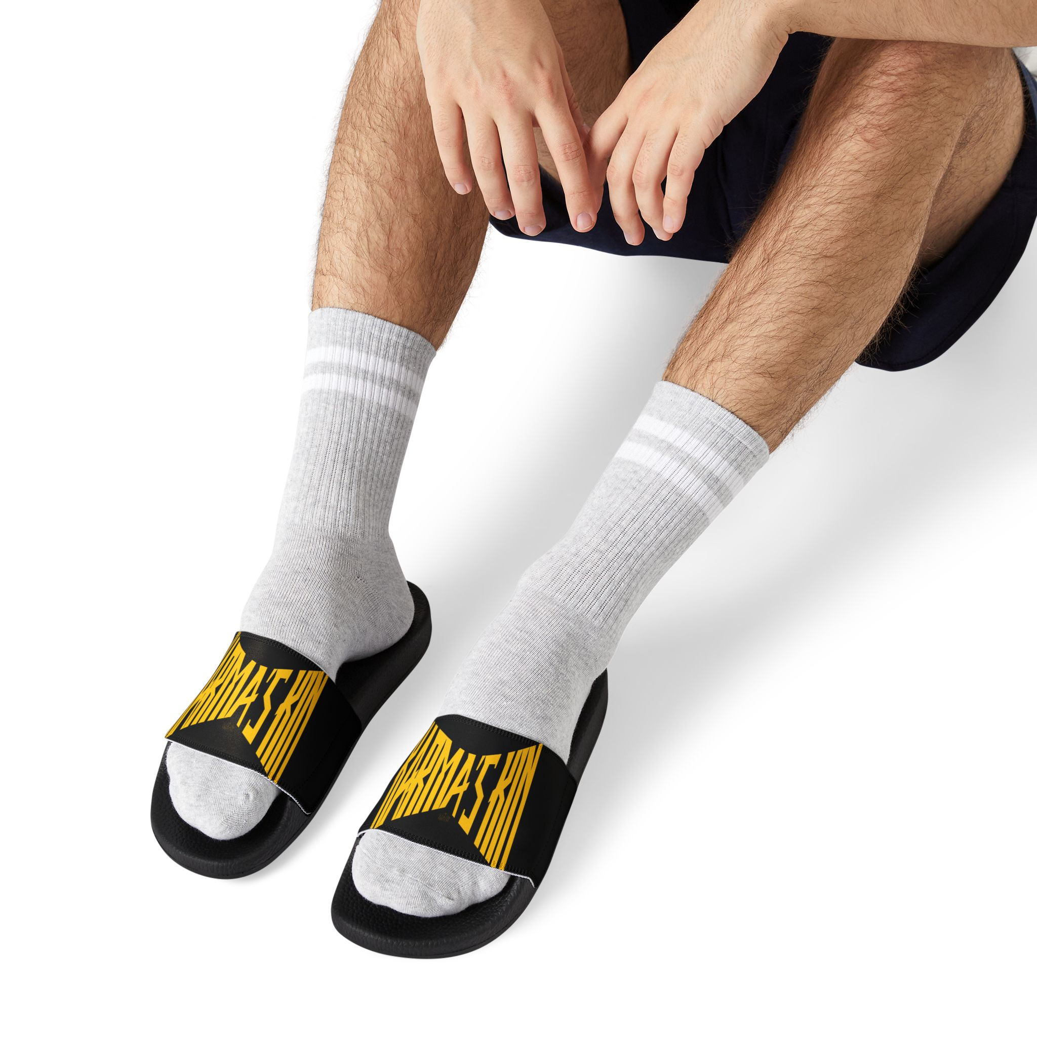 Men's Black Slide Sandals with Removable Yellow-Trim Strap