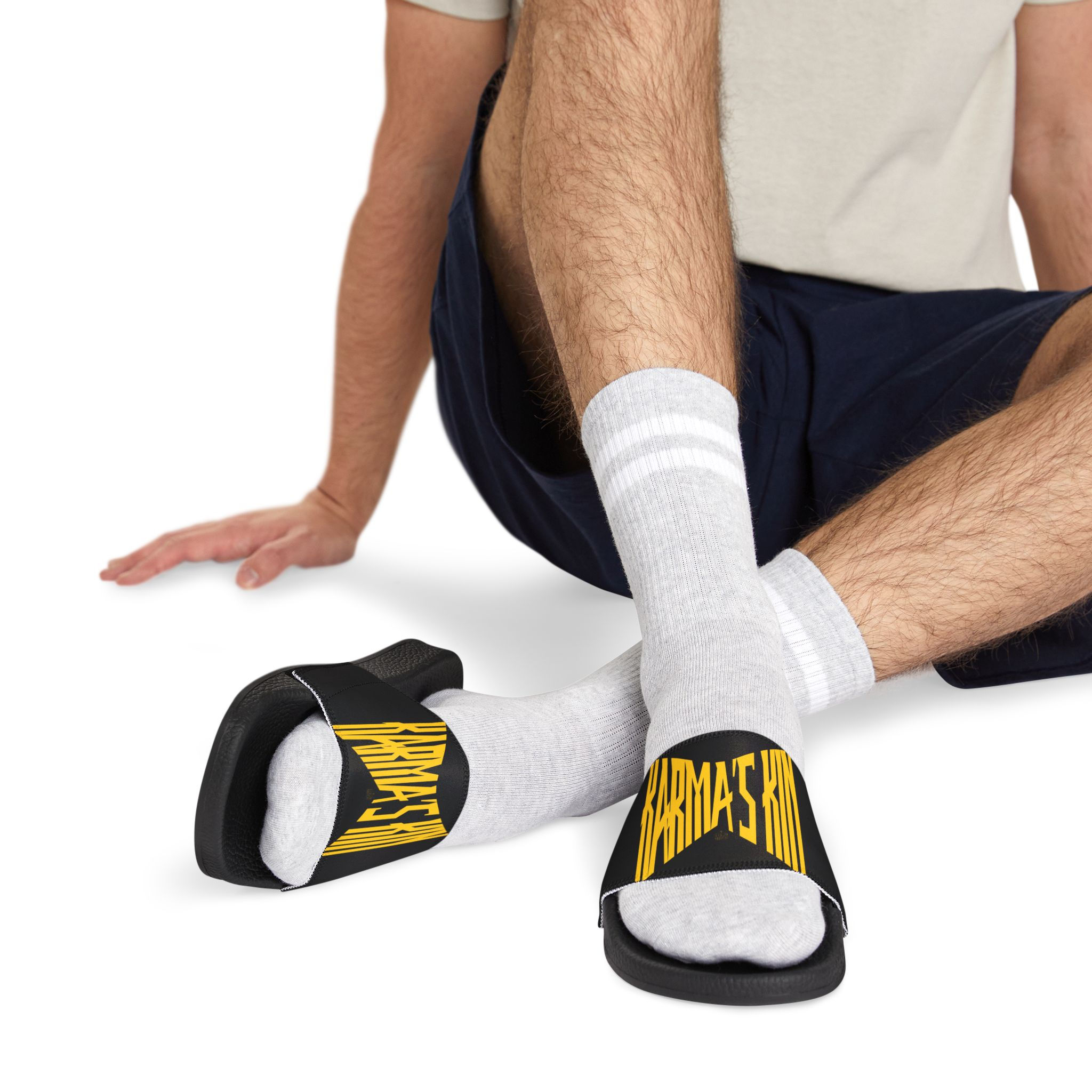 Men's Black Slide Sandals with Removable Yellow-Trim Strap