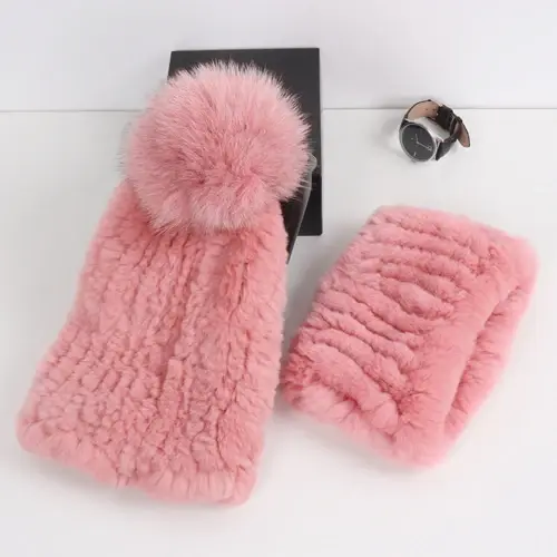 Thumbnail: 2025 New Fashion Knitted Good Elastic Real Fur Scarf Hat Sets Women Winter Warm