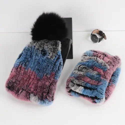 Thumbnail: 2025 New Fashion Knitted Good Elastic Real Fur Scarf Hat Sets Women Winter Warm
