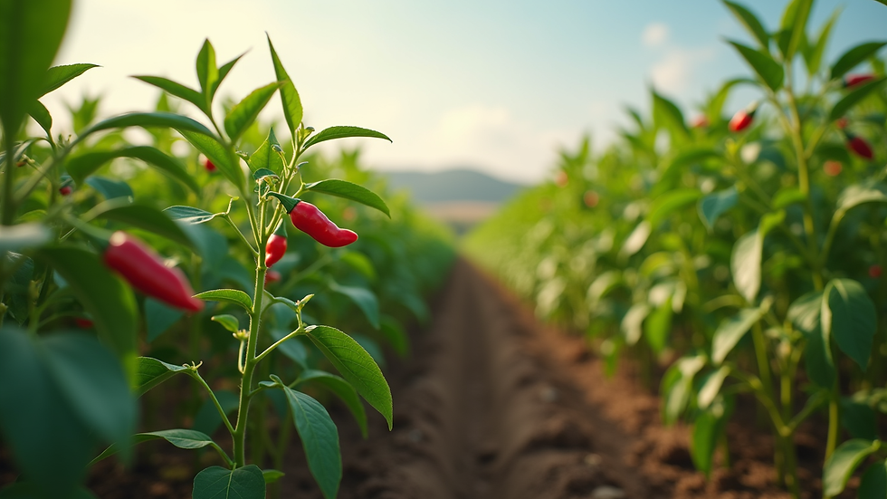 Eye-level view of red chili plants growing in a farm field