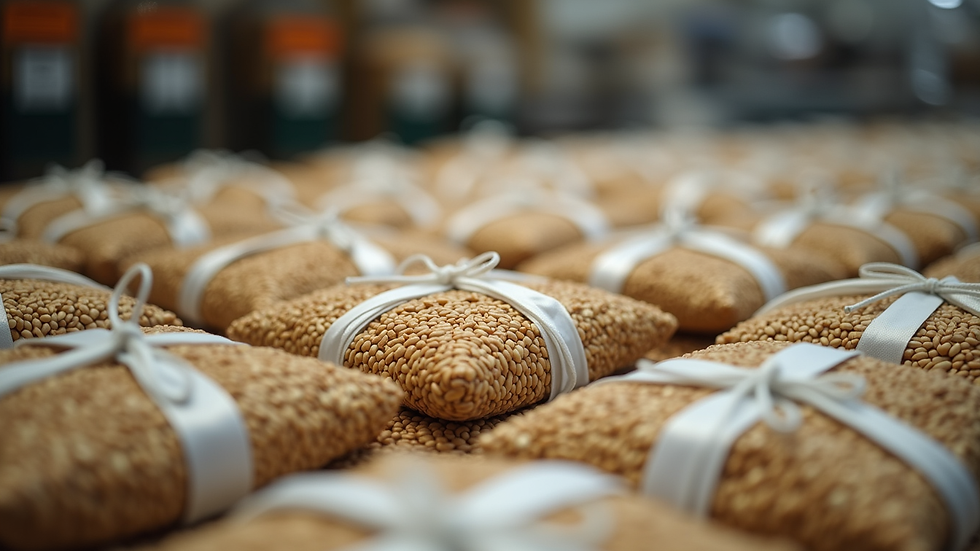 Close-up view of packaged agricultural seeds ready for shipment