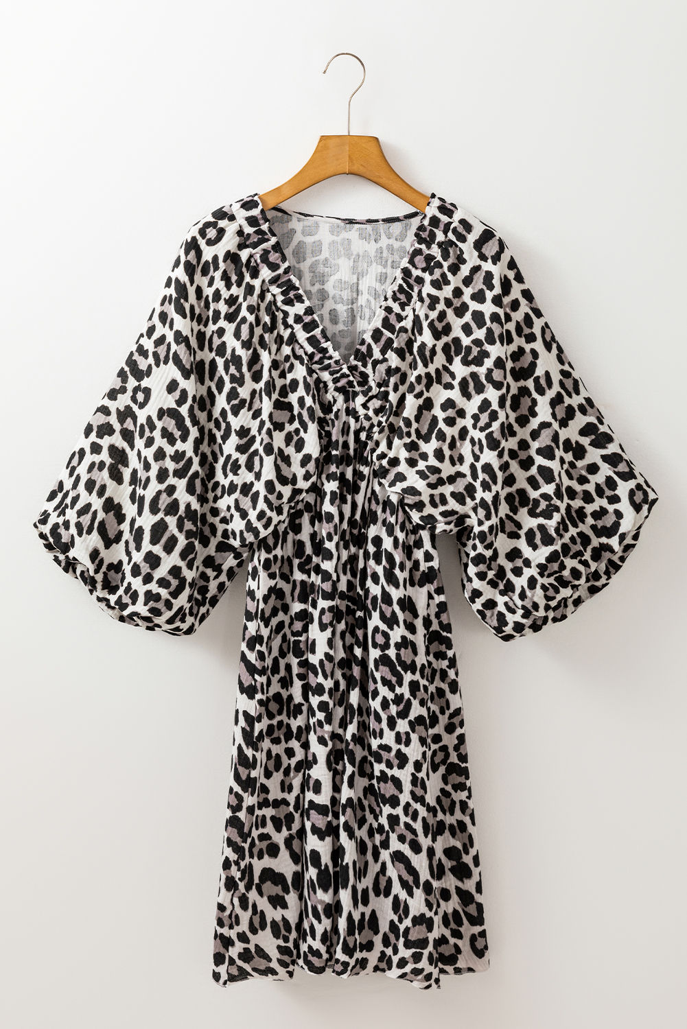 Black Leopard Print Elasticated V Neck Puff Sleeve Dress