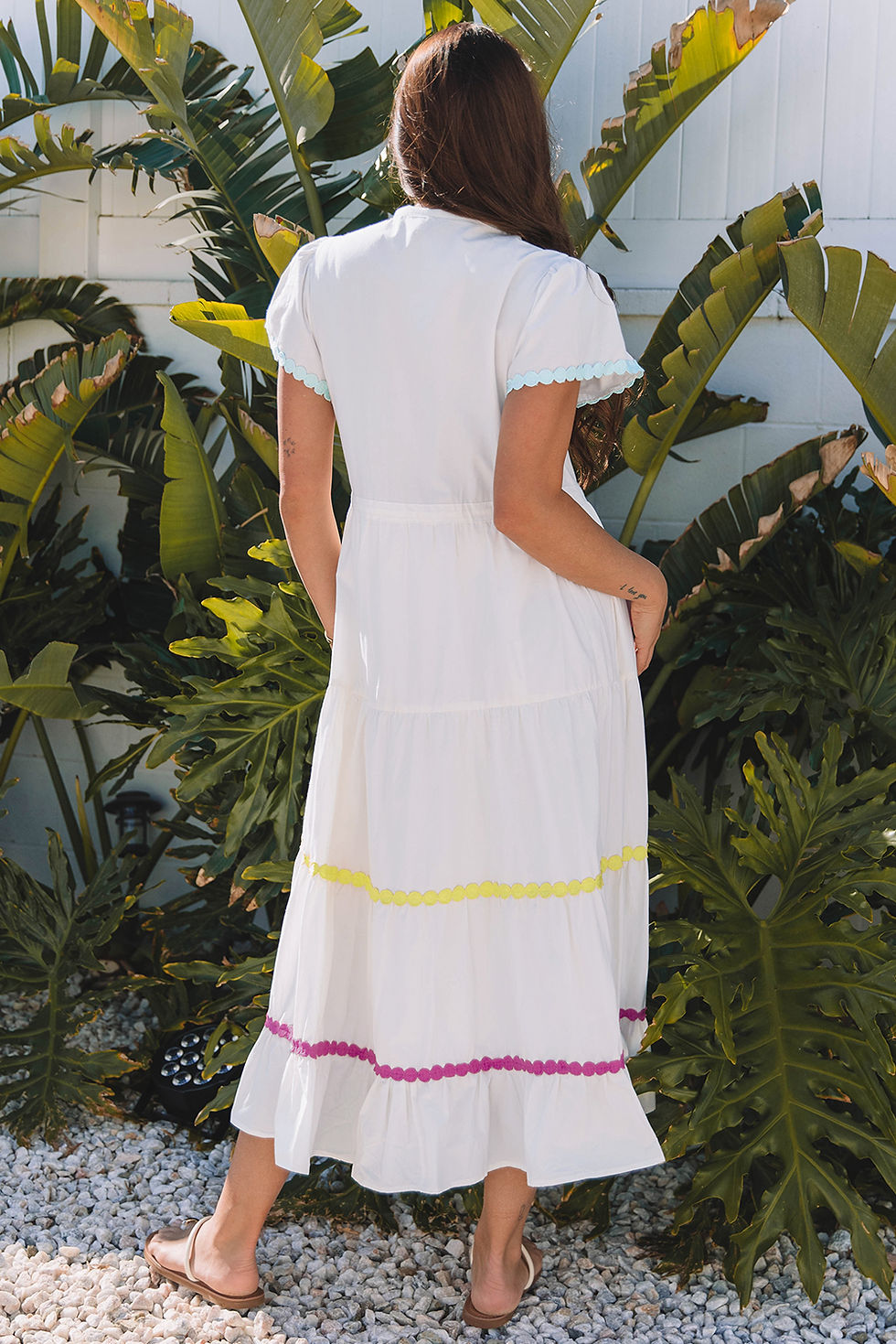 Thumbnail: White Rickrack Trim Short Sleeve Drawstring Waist Long Dress