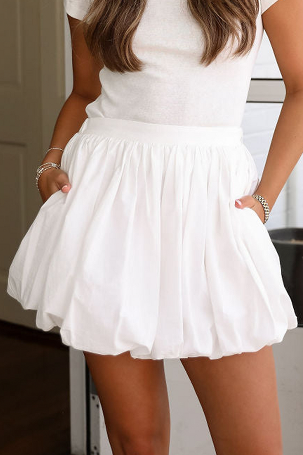 Thumbnail: White Bubble Mini Skirt with Pockets