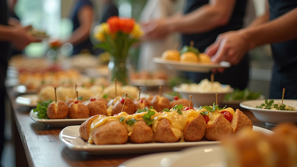 Eye-level view of beautifully arranged catering table