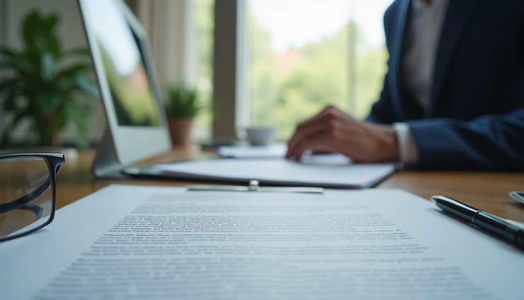 Eye-level view of a business broker’s office with documents and a contract on the desk