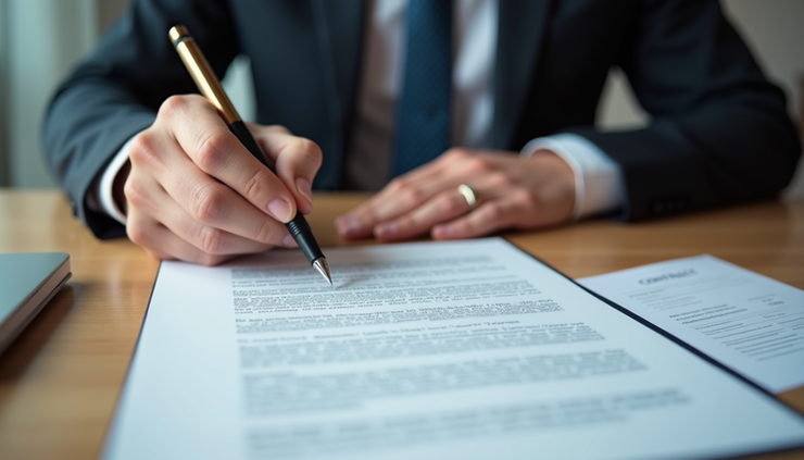 High angle view of a business contract being signed with a pen on a wooden table