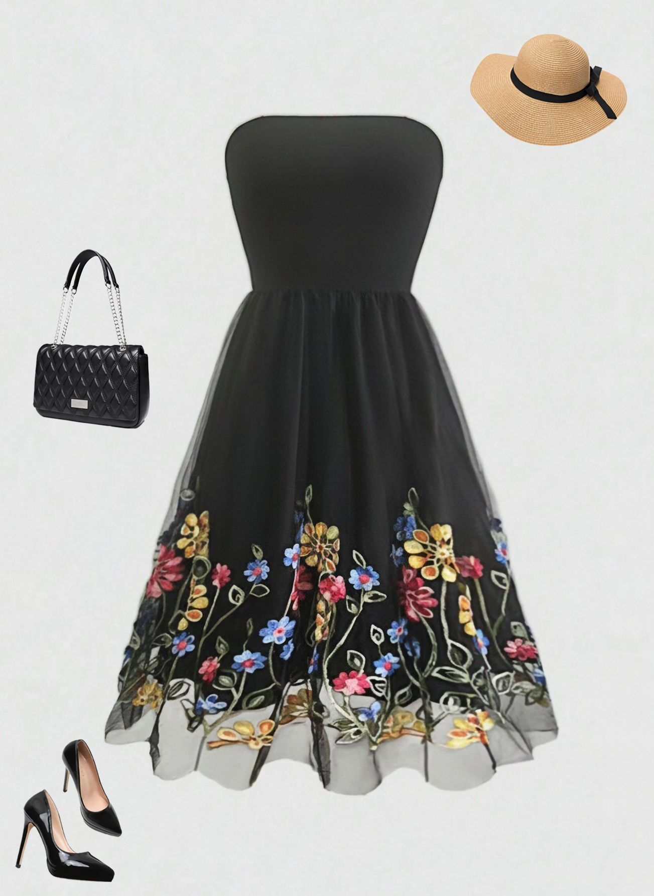 New Elegant Summer Dress for Women Embroidered Mesh Floral Strapless Casual Vint