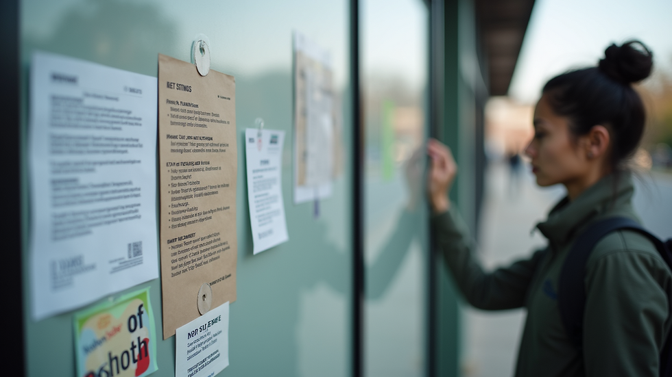 Close-up view of a community bulletin board filled with job postings