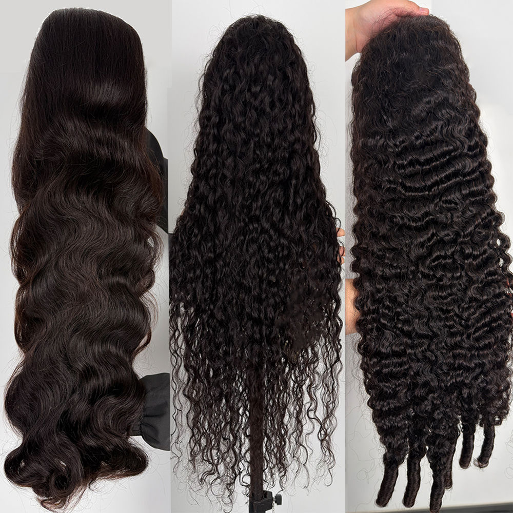 Three long dark wigs showing different wave and curl patterns