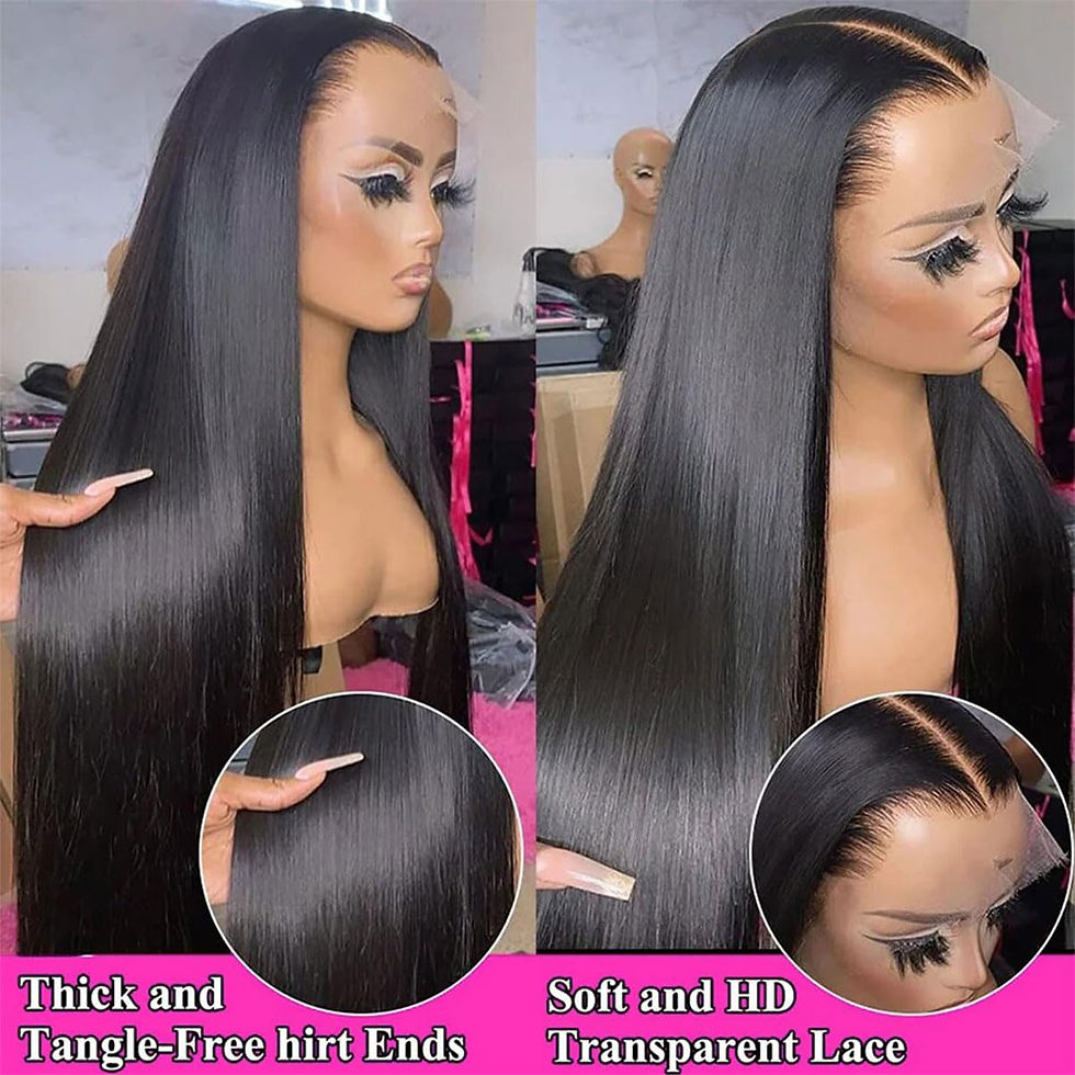 Thumbnail: Long straight black wig on mannequin with HD lace detail