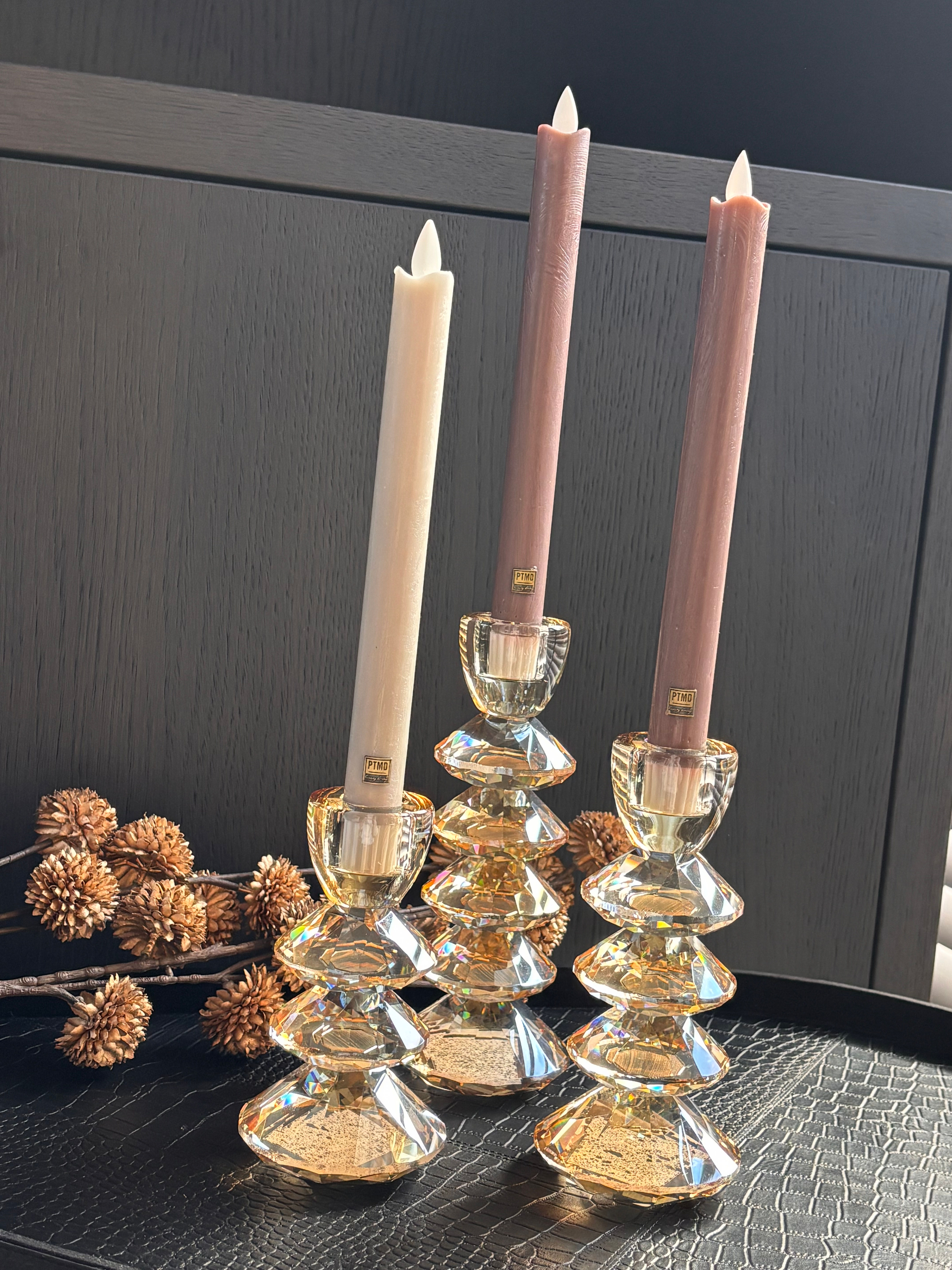 Kandelaar “Rovelo” goudglans amber glas (verkrijgbaar in 3 afmetingen)