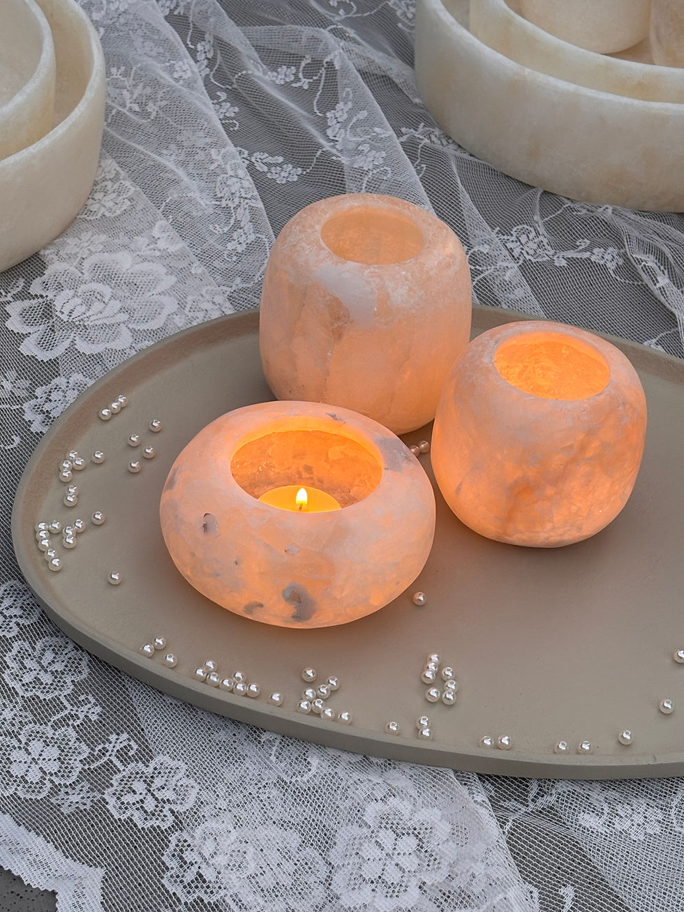Thumbnail: Alabaster waxinelichthouder set 1. “Perla Champagne”