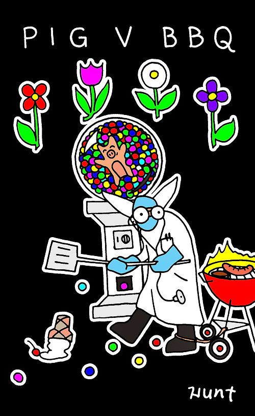 PIGVBBQ, 2024, a digital colored illustration by Joshua Jerome Hunt depicting Dr. BBQ, a cartoon scientist, grilling beside a gumball machine filled with the hero, Super Pig, surrounded by colorful flowers and scattered gumballs.