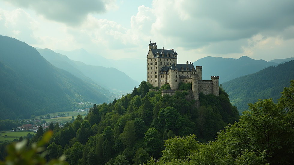 Wide angle view of a medieval castle perched on a hill surrounded by lush greenery