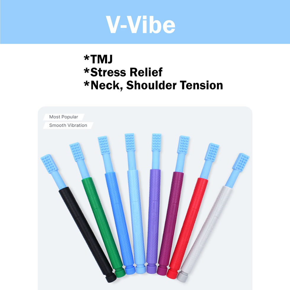 V-Vibe ad showing colorful massage tools for TMJ, stress relief, and neck/shoulder tension on a light blue and white background.