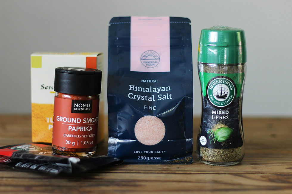 How Much Salt Is Too Much? The Hidden Link Between Salt, Blood Pressure & Your Health. A selection of salt, herbs and spices on a wooden countertop.