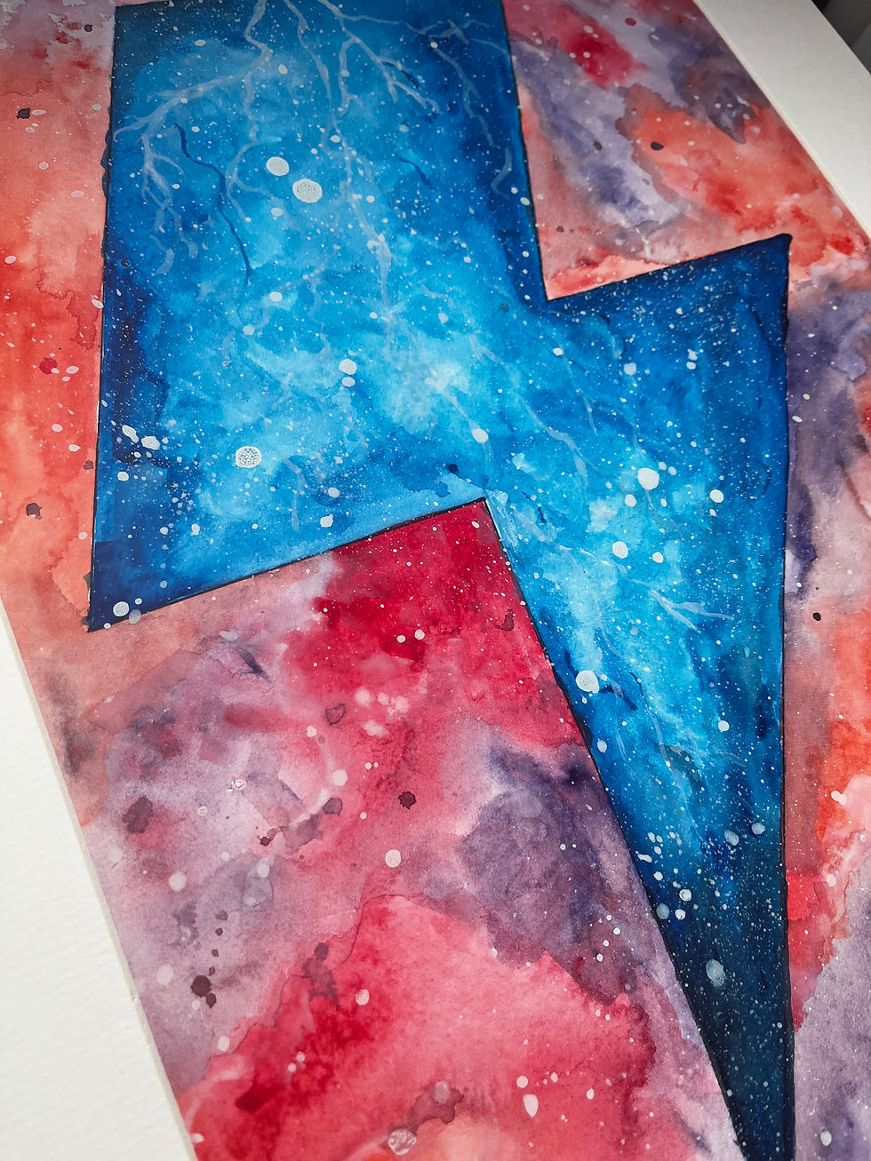 Thumbnail: Blue lightening bolt on red background, hand painted watercolour