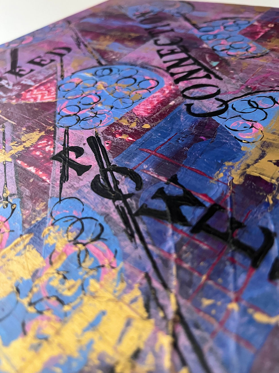 Thumbnail: Pink and blue shades with gold acrylic painted , mixed media collaged artwork on canvas.