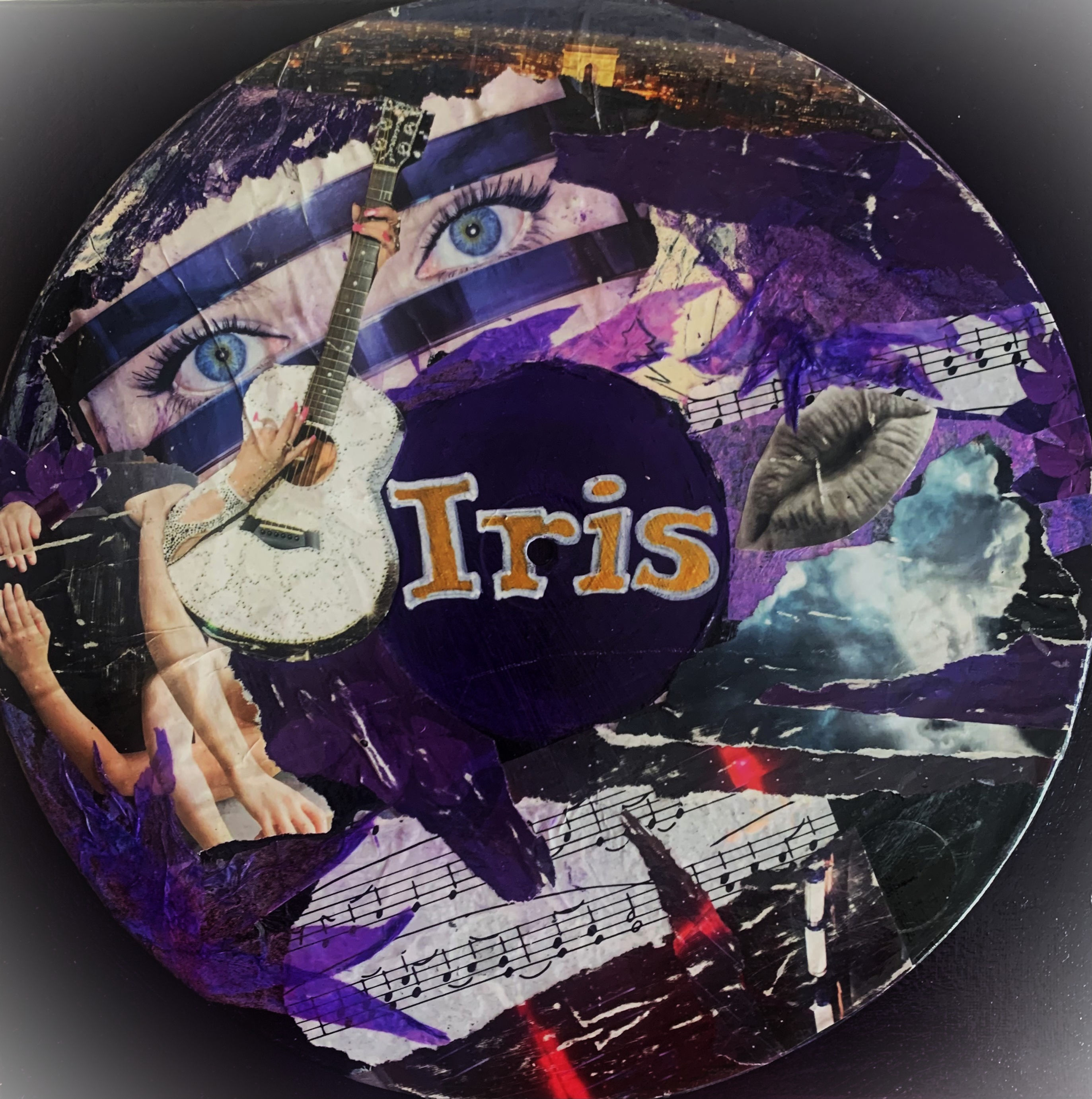 Image of a purple art print featuring a collaged vinyl inspired by the song Iris by The Goo Goo Dolls