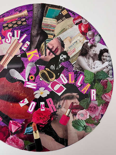 A collaged artwork on a vinyl record inspired by the son Lipstick on my Collar by Connie Francis