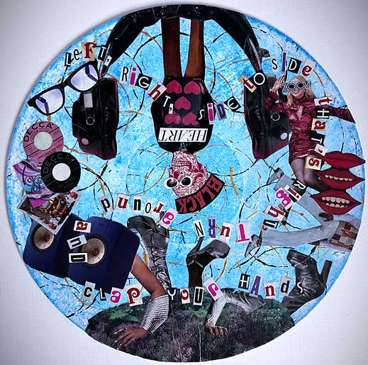 A collaged artwork on a vinyl record inspired by the song Turn Around by The Lottery Winners