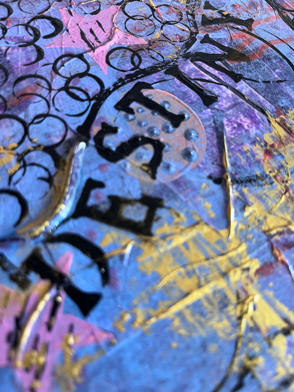 Thumbnail: Pink and blue shades with gold acrylic painted , mixed media collaged artwork on canvas.