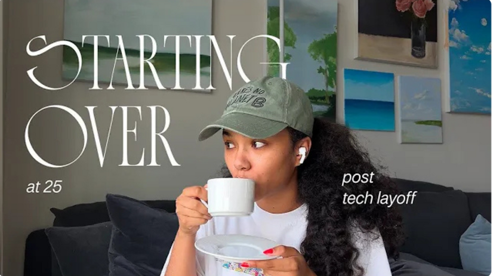 Woman drinking coffee, “STARTING OVER at 25 post tech layoff” with background art.