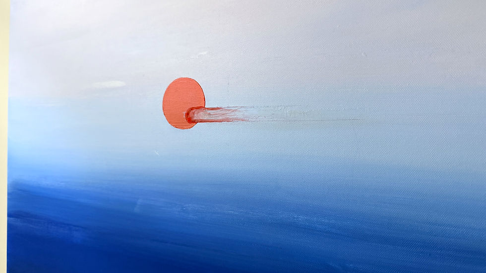 Abstract painting of a red circle with a trail across blue and white.