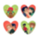 Four heart-shaped illustrations depict diverse couples showing affection and holding hands in colorful settings, evoking love and joy.