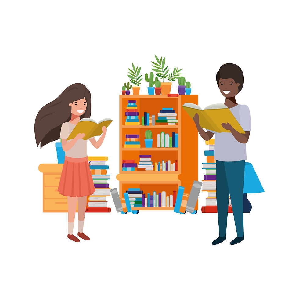 Two people read books in a colorful library. Bookshelves and potted plants in the background add a lively atmosphere.