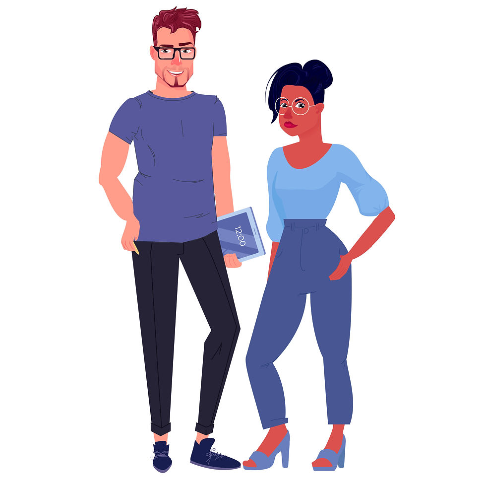 Two people in blue outfits stand confidently. One holds a book titled "IDEA." Both wear glasses. White background, no visible emotions.