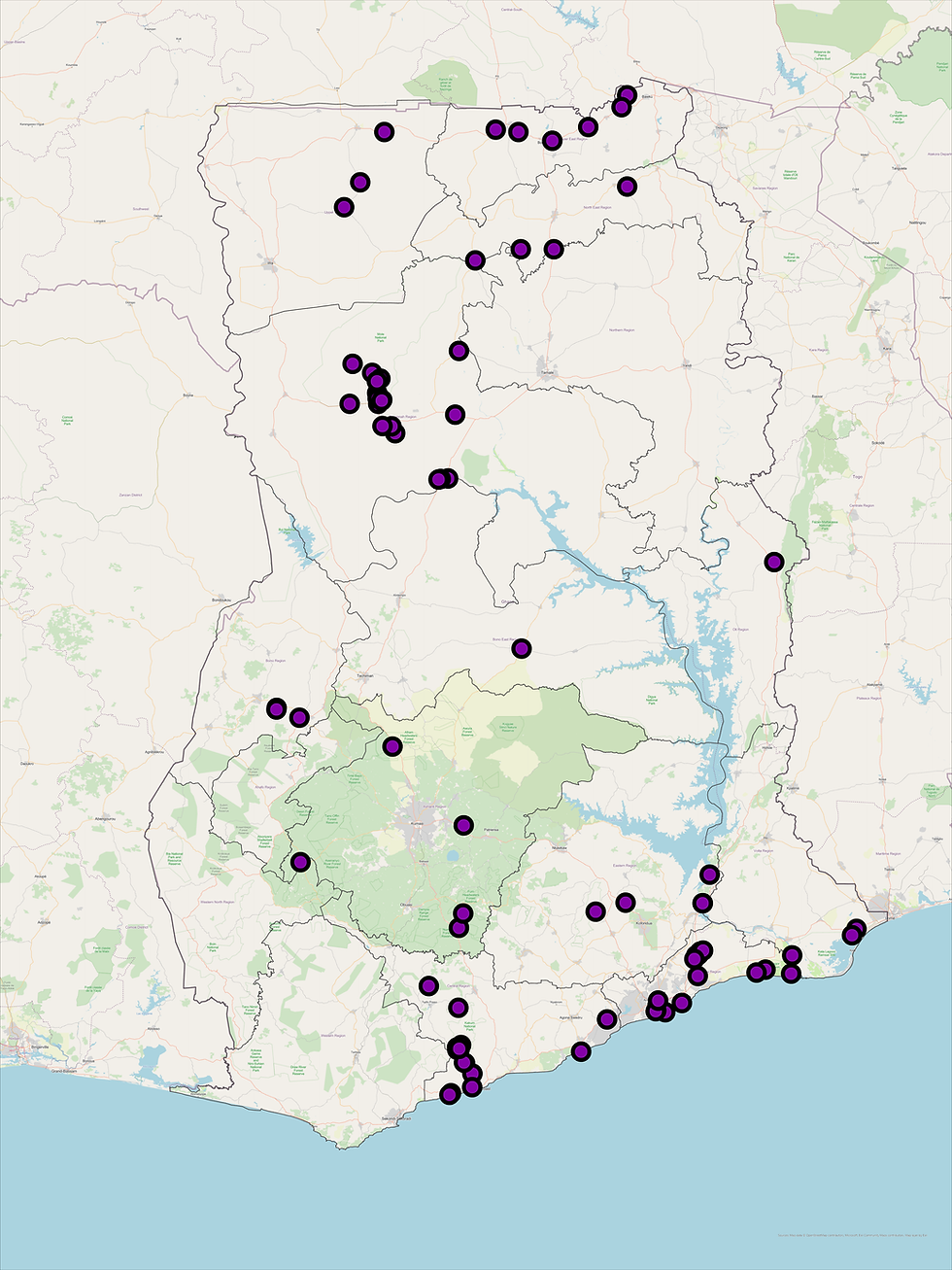 Map showing distribution of Western Barn Owl in Ghana.