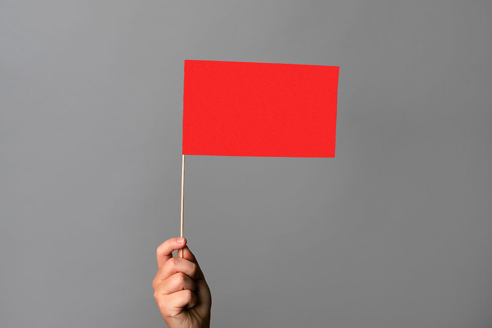 Hand holding a small red flag against a plain gray background.
