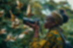 A person in a patterned outfit photographs birds mid-flight. Lush greenery forms the background, creating a vibrant and dynamic scene.