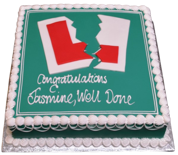 A beautifully decorated learner driver themed cake with a playful and colorful design, perfect for celebrating a milestone moment.