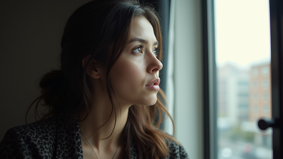 Eye-level view of a thoughtful person looking out a window